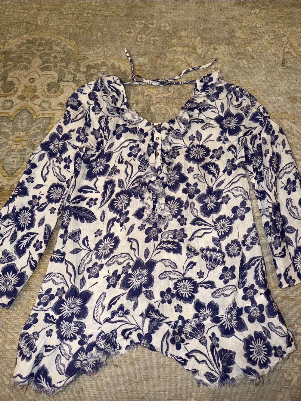 Anthropologie White and Navy Floral Tie-Front Tunic
